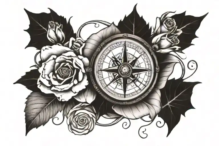 antique compass and roses wrapped around  tattoo design idea
