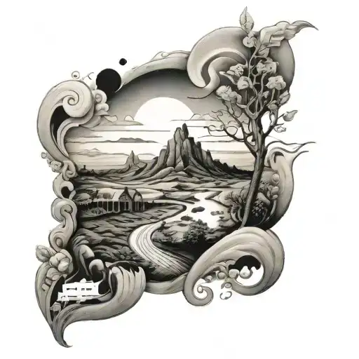 A black and grey tattoo of a surrealistic landscape with hidden Beatles lyrics incorporated tattoo design idea