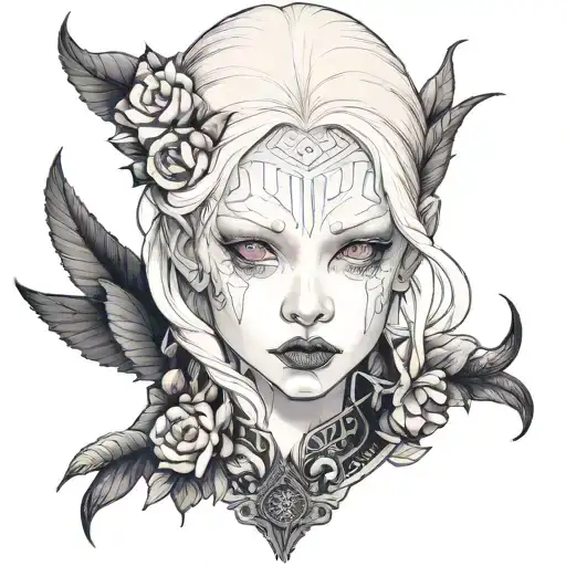 albino girl with pink eyes in monochrome clothes tattoo design idea