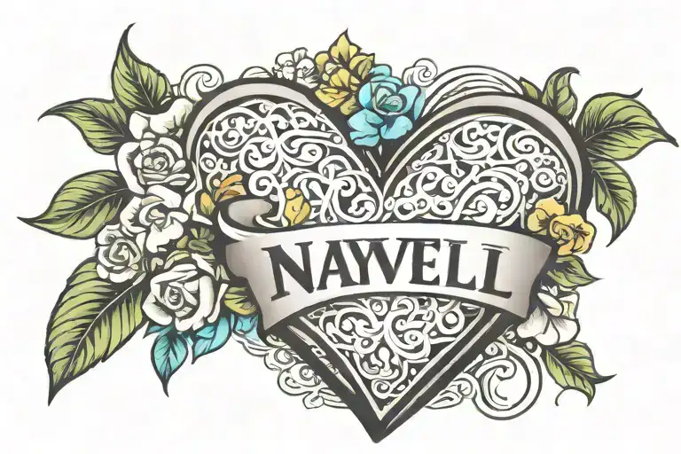 nayeli name intertwined in heart shaped locket with flowers tattoo design idea