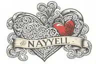 Nayeli name intertwined in heart shaped locket tattoo design idea