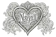 Nayeli name intertwined in heart shaped locket tattoo design idea