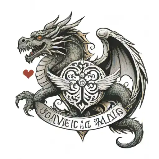 a dragon with angel wings and a heart, and with the inscription flowing from the tail “the one who walks will master the road” tattoo design idea