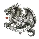 a dragon with angel wings and a heart, and with the inscription flowing from the tail “the one who walks will master the road” tattoo design idea