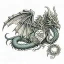 a dragon with angel wings and a heart, and with the inscription flowing from the tail “the one who walks will master the road” tattoo design idea