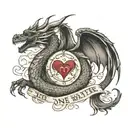 a dragon with angel wings and a heart, and with the inscription flowing from the tail “the one who walks will master the road” tattoo design idea