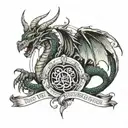 a dragon with angel wings and a heart, and with the inscription flowing from the tail “the one who walks will master the road” tattoo design idea