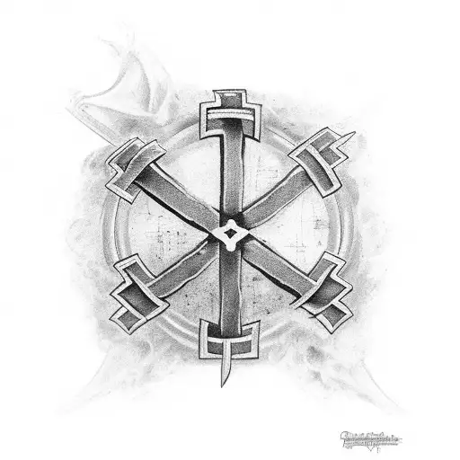 A black and grey tattoo of Constantine's cross intertwined with a guitar, representing the client's love for both god and music. tattoo design idea