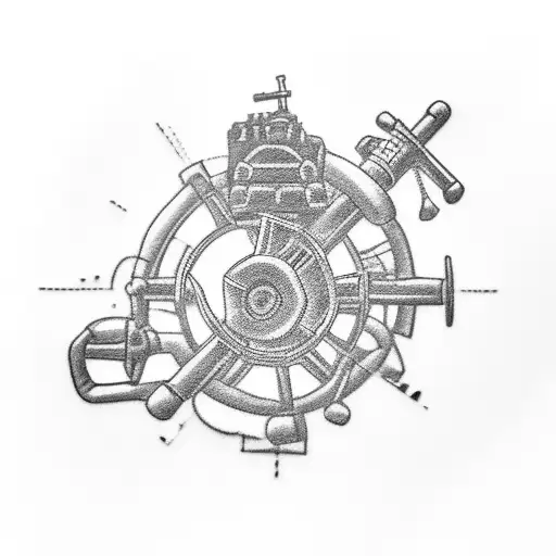 A black-grey tattoo of a cross made out of tractor parts, paying homage to the client's devotion to god and their occupation as a farmer. tattoo design idea