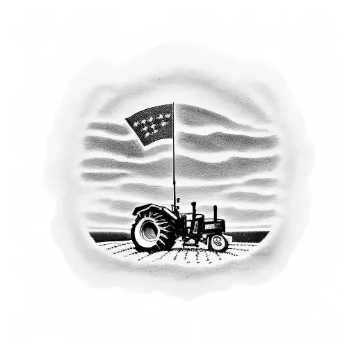 A blackwork tattoo of a tractor plowing through a field, with the words 'God Bless This Land' incorporated into the design, representing the client's occupation as a farmer and their strong faith. tattoo design idea