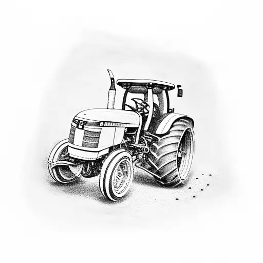 A dotwork tattoo of a white 4-225 tractor surrounded by a field of radishes, symbolizing the client's passion for farming and their favorite tractor. tattoo design idea