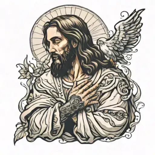 jesus praying sleeve tattoo design idea