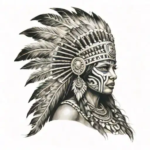aztec woman with lion skeleton head dress standing tattoo design idea