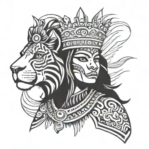 aztec woman lion wearing a crown tattoo design idea
