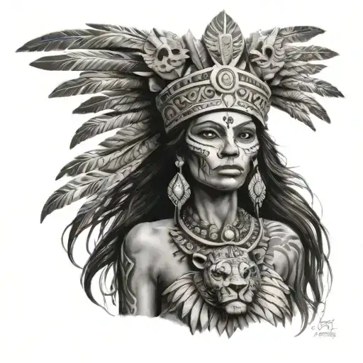 aztec woman with lion skeleton head dress holding a crown tattoo design idea