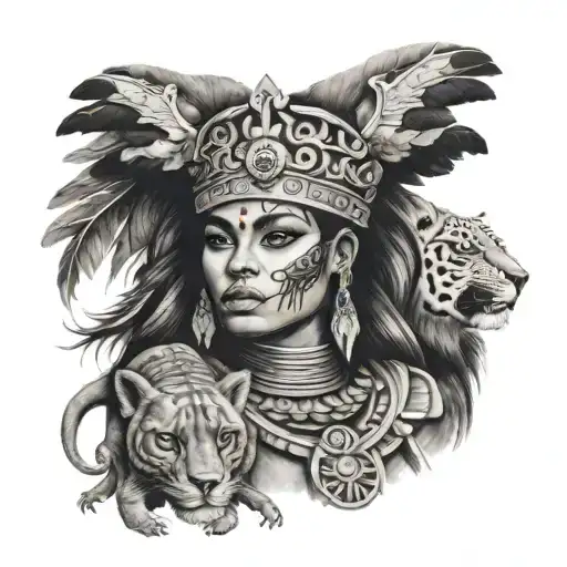 aztec woman with lion skeleton crown tattoo design idea