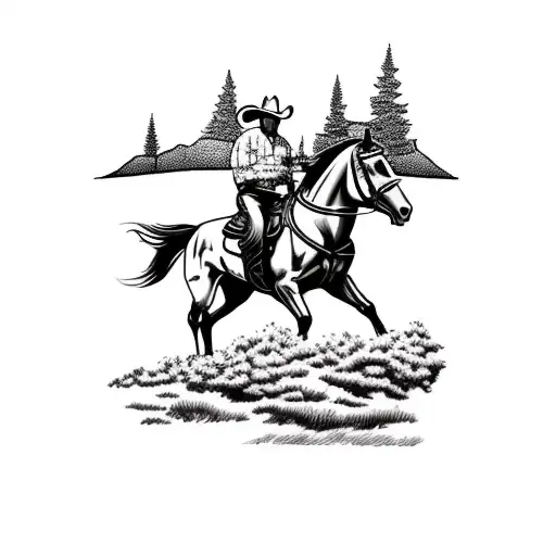 a bucking horse with a cowboy and scenery in background with trees tattoo design idea