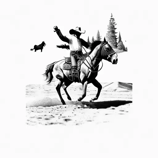 cowboy bucking a horse with scenery in background tattoo design idea