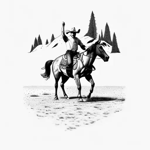 a bucking horse with a cowboy and scenery in background with trees tattoo design idea