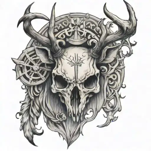 deer skull with cross between horns holding tattoo design idea