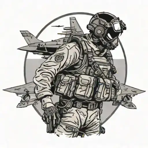A silhouette of a USMC pilot in full gear standing in front of a fighter jet, with the ocean in the background tattoo design idea