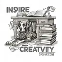 A teacher's desk filled with books, a dog resting at their feet, and a banner that reads 'Inspire Creativity' tattoo design idea