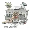 A teacher's desk filled with books, a dog resting at their feet, and a banner that reads 'Inspire Creativity' tattoo design idea
