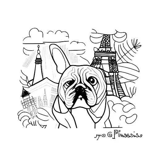 A minimalist tattoo of a Parisian street scene with a dog walking by tattoo design idea
