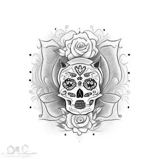 A tattoo for my upper left arm. Stylized in dia de las muertos. I want this to be for my deceased male orange tabby cat. tattoo design idea