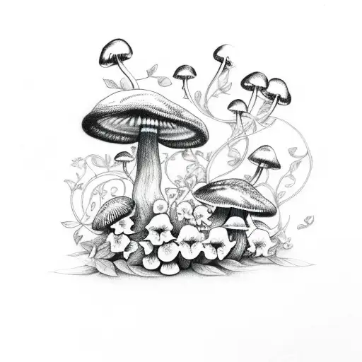 mushrooms with flowers vines and butterflies  tattoo design idea