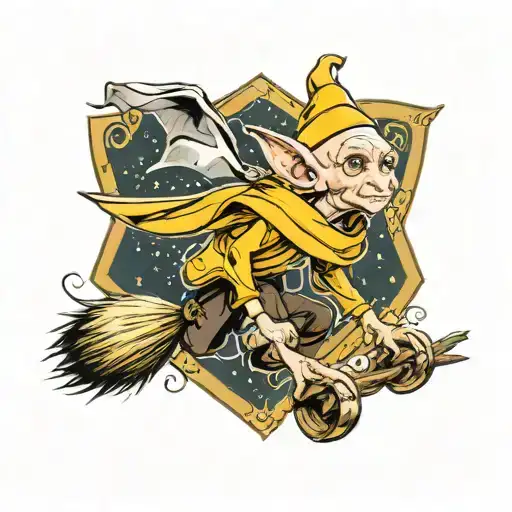 House-elf, flying on a broomstick wearing a Hufflepuff scarf, tattoo design idea