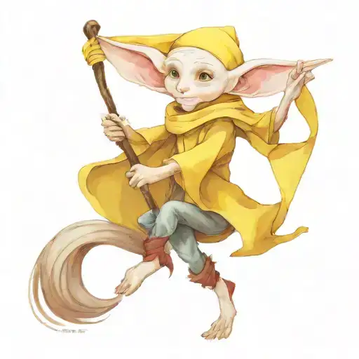 House-elf, flying on a broomstick, wearing a Hufflepuff scarf. tattoo design idea