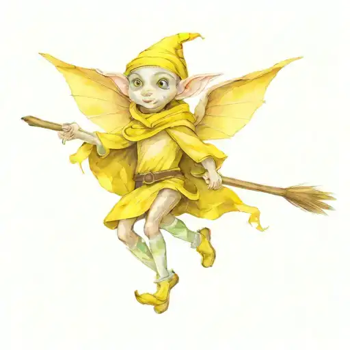 House-elf, flying on a broomstick wearing a Hufflepuff scarf. tattoo design idea
