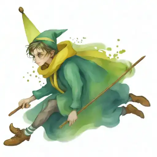 harry potter House-elf, flying on a broomstick wearing a Hufflepuff scarf. tattoo design idea