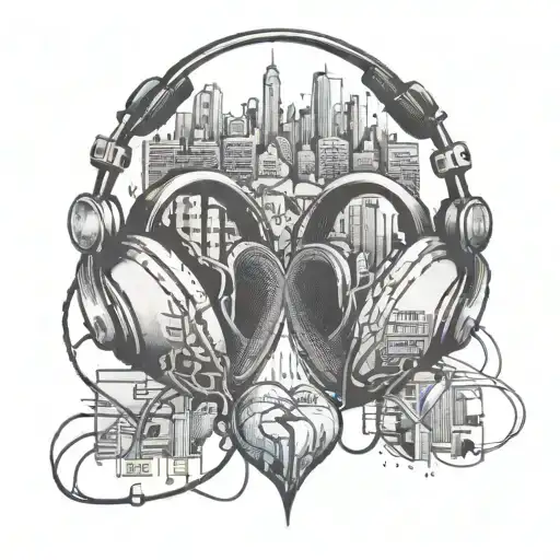 A pair of intertwined headphones forming a heart shape, with city skylines in the background tattoo design idea