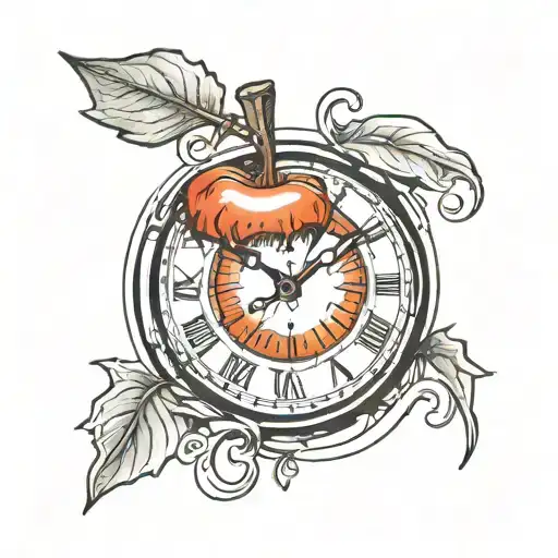 A surrealistic tattoo design of an apple morphing into a clock symbolizing time running out tattoo design idea