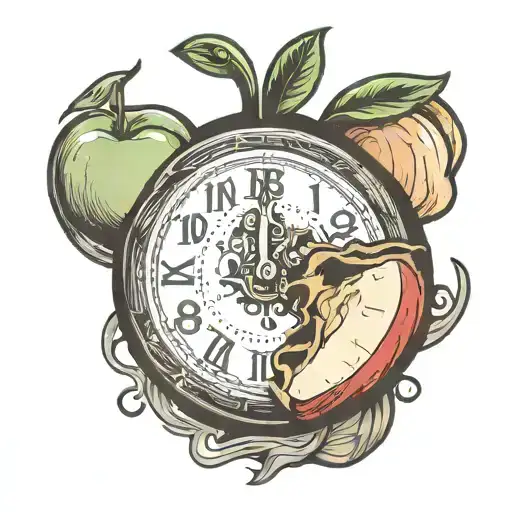 A surrealistic tattoo design of an apple morphing into a clock symbolizing time running out tattoo design idea