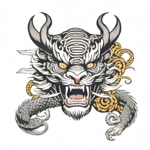 samurai helmet surrounded by tiger and dragon  tattoo design idea