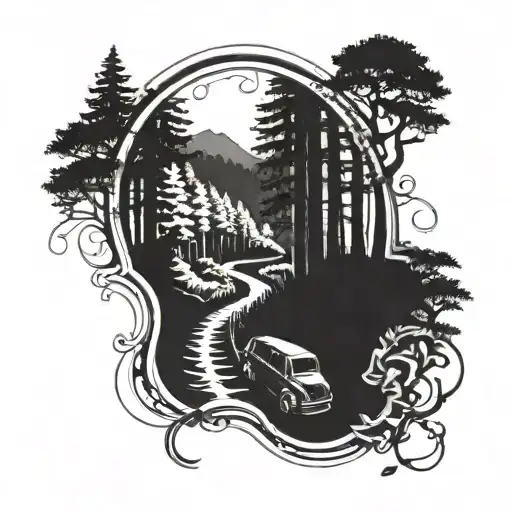 Photography film strip transforming into a winding road through a forest tattoo design idea