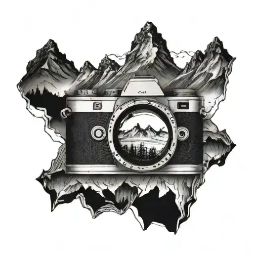 Double exposure tattoo of a camera and a mountain range tattoo design idea