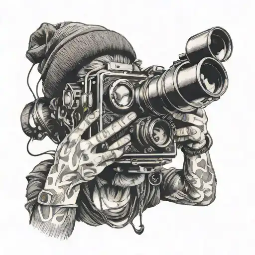 A surrealistic portrait of a photographer with a camera for a head, capturing the essence of living through the lens tattoo design idea
