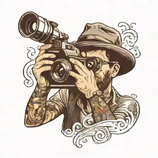 A surrealistic portrait of a photographer with a camera , capturing the essence of living through the lens tattoo design idea