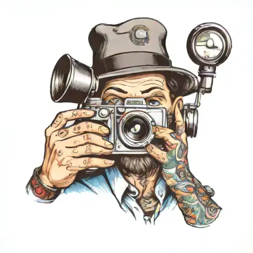 A surrealistic portrait of a photographer with a camera for a head, capturing the essence of living through the lens tattoo design idea