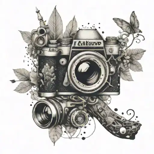 A whimsical collage of various nature photos intertwined with camera gear tattoo design idea
