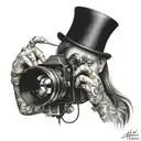 A surrealistic portrait of a photographer with a camera for a head, capturing the essence of living through the lens tattoo design idea