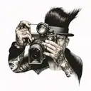 A surrealistic portrait of a photographer with a camera for a head, capturing the essence of living through the lens tattoo design idea