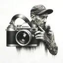 A surrealistic portrait of a photographer with a camera for a head, capturing the essence of living through the lens tattoo design idea