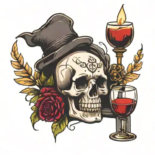 Skull, candle, wine bottle tattoo design idea