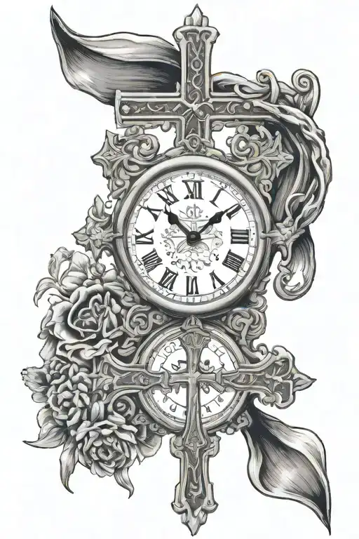 Orthodox cross with roman numeral clock in the middle and 1 ribbion through bottom middle saying 117, and on the bottom  tattoo design idea