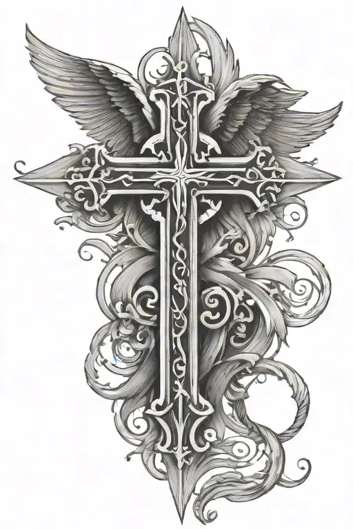 Serbian cross with wings and fullery and in the middle of the cross have a time stamp of friend passing  tattoo design idea